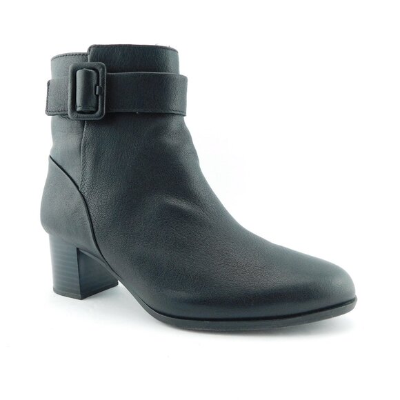 CLARKS Black Leather Buckle Top Block Heel Chelsea Ankle Boots 7 - Picture 1 of 9